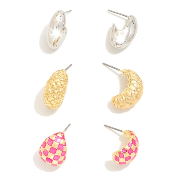 Wholesale set Three Metal Teardrop Post Drop Earrings Basket Weave Checkered Ena