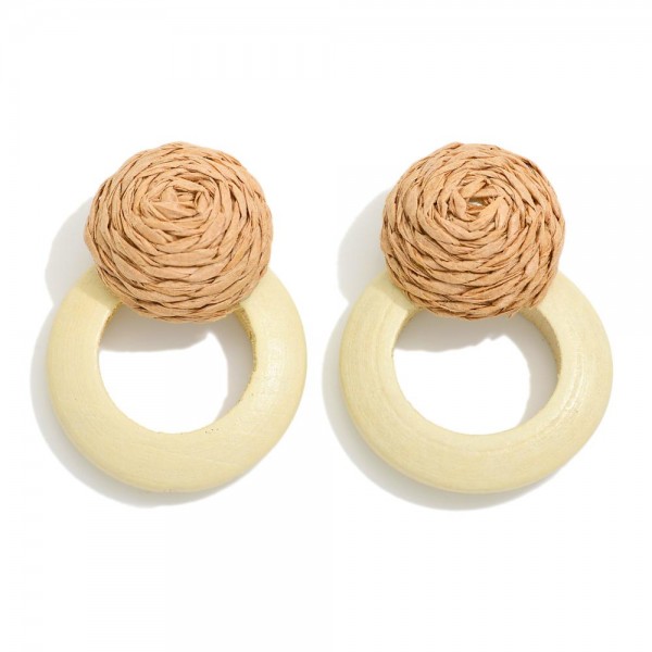 Wholesale raffia Wrapped Post Drop Earrings Wood Hoop L