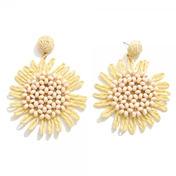 Wholesale raffia Flower Post Drop Earrings Beaded Center Details L