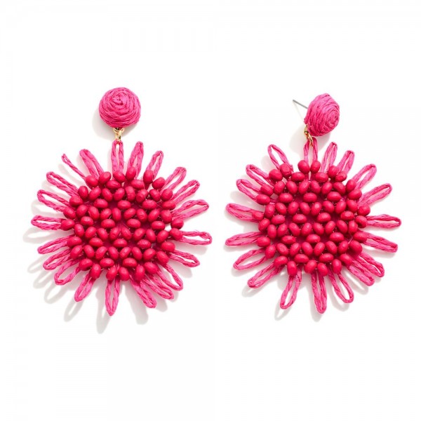 Wholesale raffia Flower Post Drop Earrings Beaded Center Details L