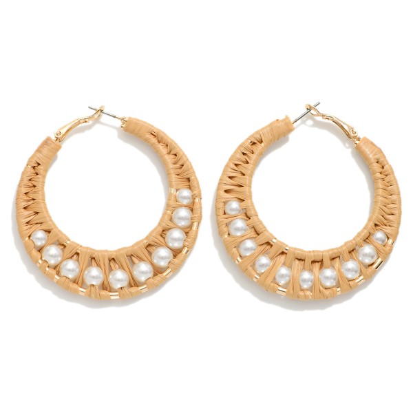 Raffia Wrapped Tapered Hoop Earrings Featuring Pearl Details 

- Approximately 1.75" D