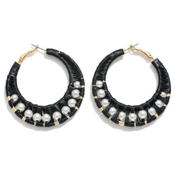 Wholesale raffia Wrapped Tapered Hoop Earrings Pearl Details D