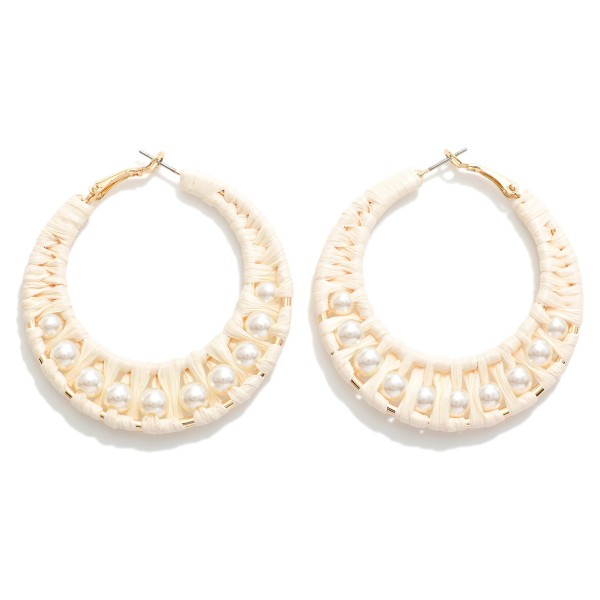 Wholesale raffia Wrapped Tapered Hoop Earrings Pearl Details D