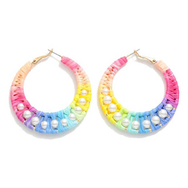 Wholesale raffia Wrapped Tapered Hoop Earrings Pearl Details D