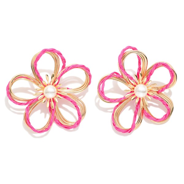 Wholesale gold Metal Wire Flower Oversized Stud Earrings Raffia Twist Pearl Deta