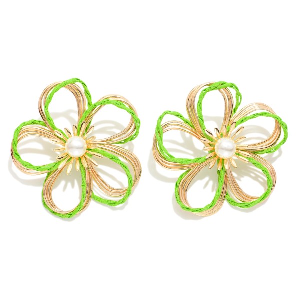 Wholesale gold Metal Wire Flower Oversized Stud Earrings Raffia Twist Pearl Deta