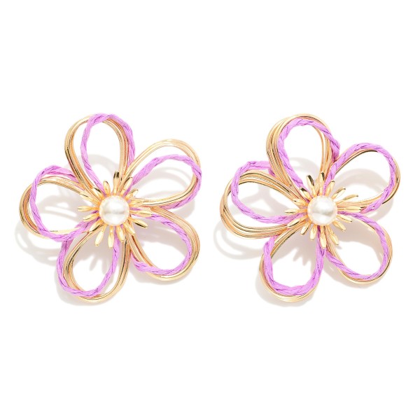 Wholesale gold Metal Wire Flower Oversized Stud Earrings Raffia Twist Pearl Deta