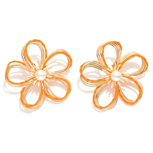 Wholesale gold Metal Wire Flower Oversized Stud Earrings Raffia Twist Pearl Deta