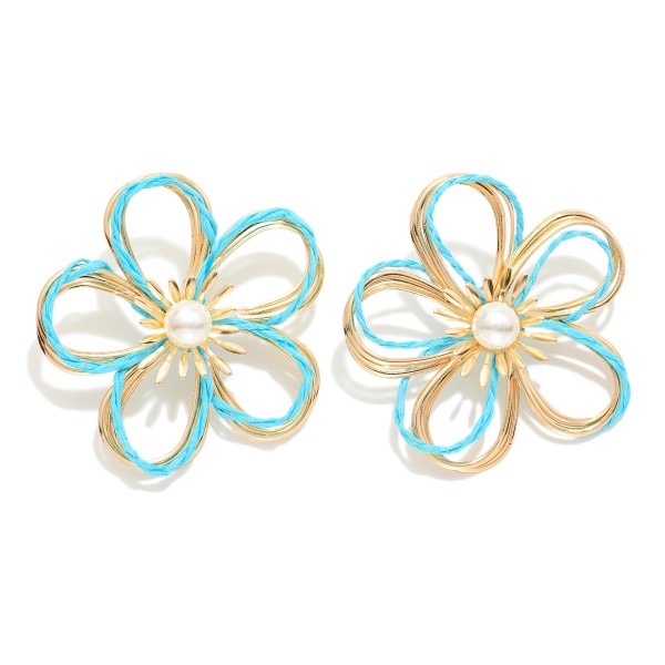Wholesale gold Metal Wire Flower Oversized Stud Earrings Raffia Twist Pearl Deta