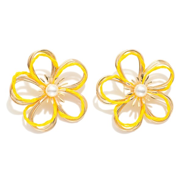 Wholesale gold Metal Wire Flower Oversized Stud Earrings Raffia Twist Pearl Deta