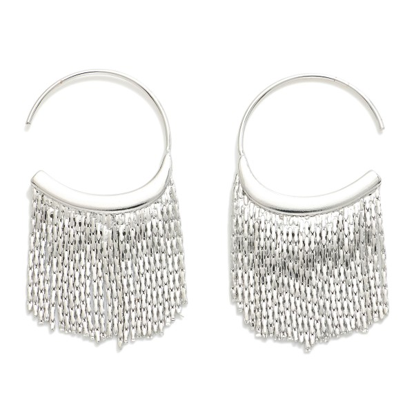 Metal Tone Open Hoop Earrings Featuring Metal Tassel Details 

- Approximately .75" D 