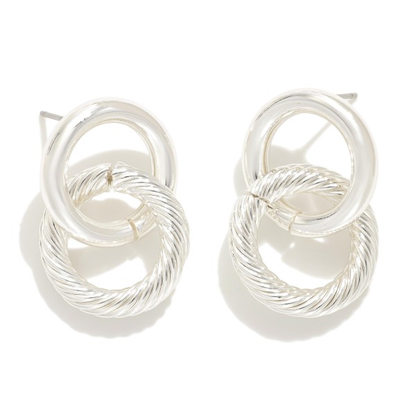 Silver Dipped Linked Metal Tone Hoop Post Drop Earrings Featuring Twisted Metal Detail

- Approximately 1' L