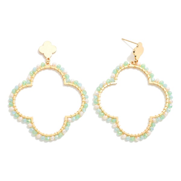 Wholesale gold Metal Clover Drop Earrings Beaded Wire Wrapped Border L
