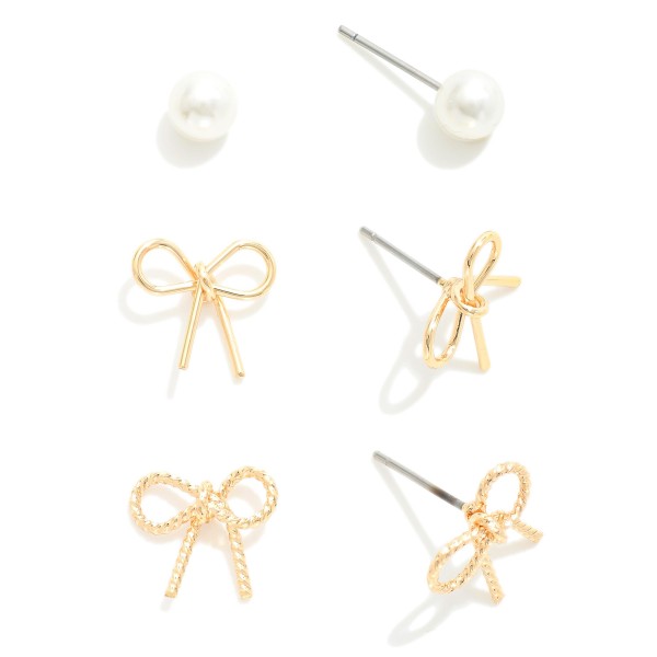 Wholesale set Three Stud Earrings Metal Bows Simple Pearl Studs L