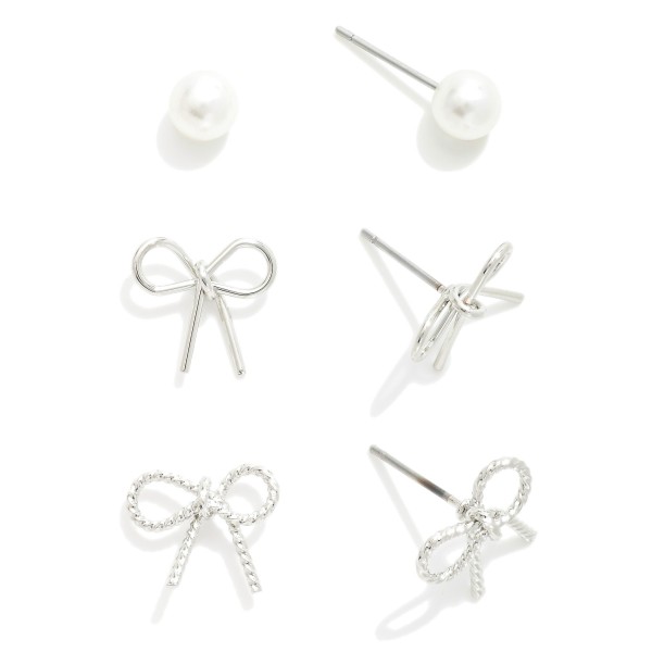 Wholesale set Three Stud Earrings Metal Bows Simple Pearl Studs L