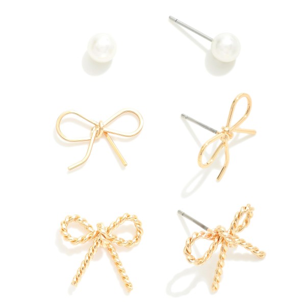 Wholesale set Three Stud Earrings Metal Bows Simple Pearl Studs L