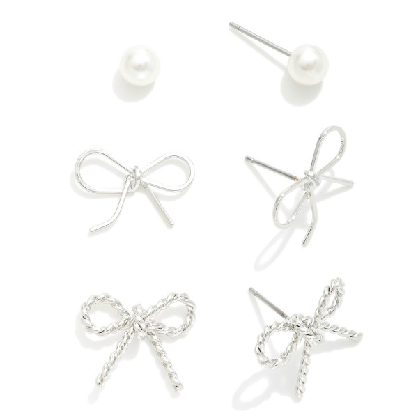 Wholesale set Three Stud Earrings Metal Bows Simple Pearl Studs L