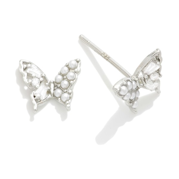 Gold Dipped Cubic Zirconia & Pearl Butterfly Stud Earrings 

- Approximately .25" L
- Sterling Silver Post 