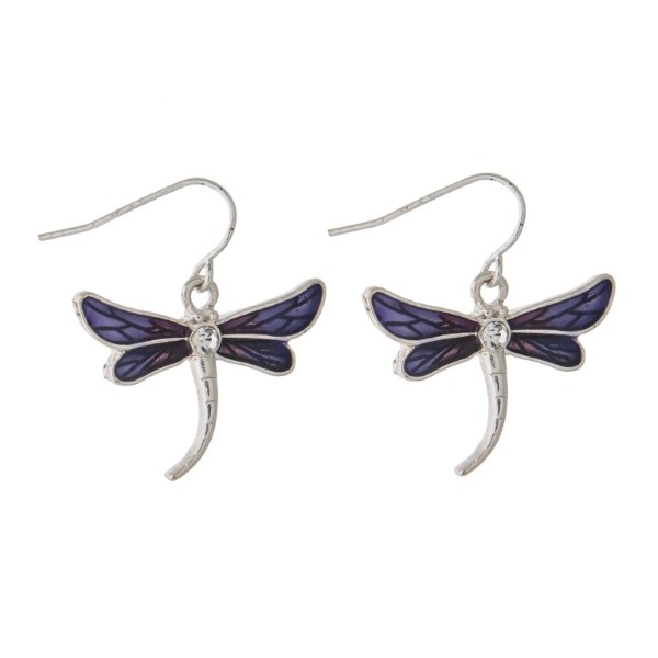 Wholesale silver fishhook earrings dragonfly purple ombre wings crystal clear r