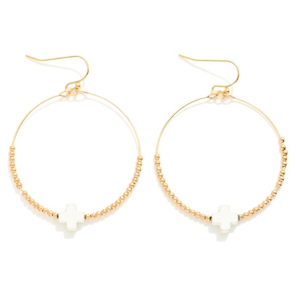 Metal Tone Beaded Hoop Earrings With Dainty Coated Cross Bead Focal

- Approximately 2" L