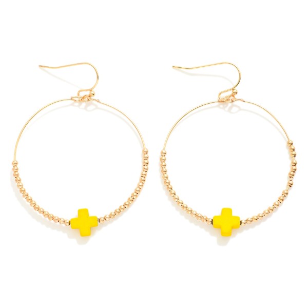 Metal Tone Beaded Hoop Earrings With Dainty Coated Cross Bead Focal

- Approximately 2" L