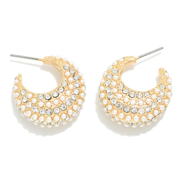 Wholesale rhinestone Pearl Studded Tapered Hoop Earrings D