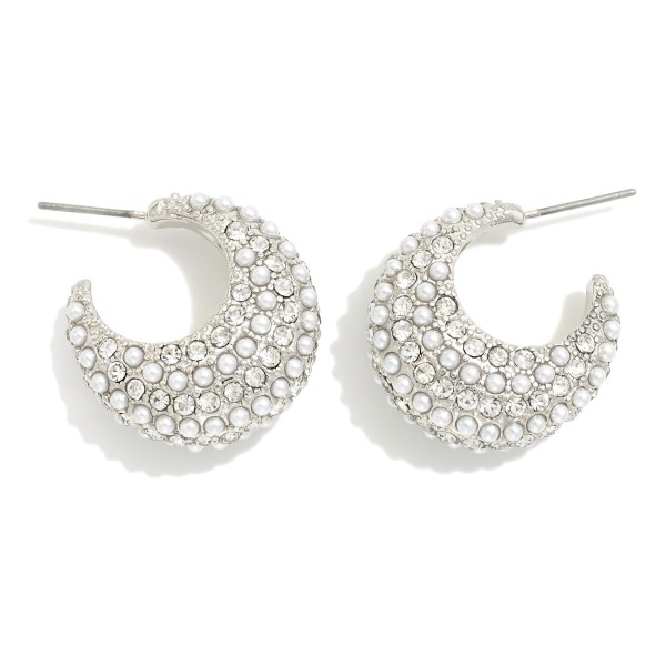 Wholesale rhinestone Pearl Studded Tapered Hoop Earrings D