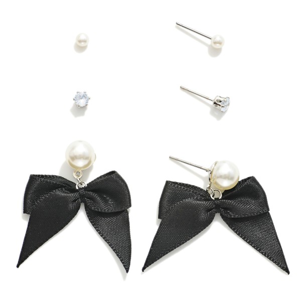 Wholesale set Three Dainty Pearl Rhinestone Stud Earrings Ribbon Bow Charms L