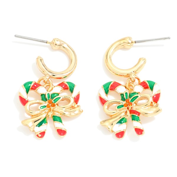 Wholesale huggie Hoop Earrings Enamel Candy Cane Charms Small Rhinestone Details