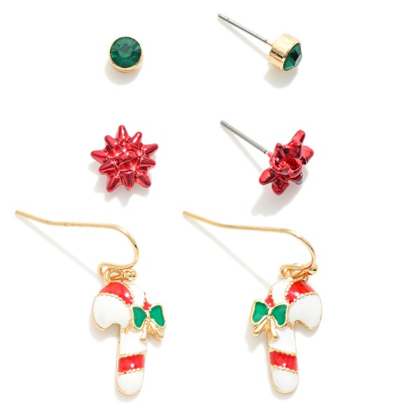 Wholesale set Three Christmas Themed Earrings Christmas Present Bows Candy Canes