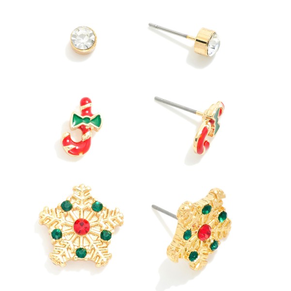 Wholesale set Three Rhinestone Studded Christmas Stud Earrings Candy Canes Snowf