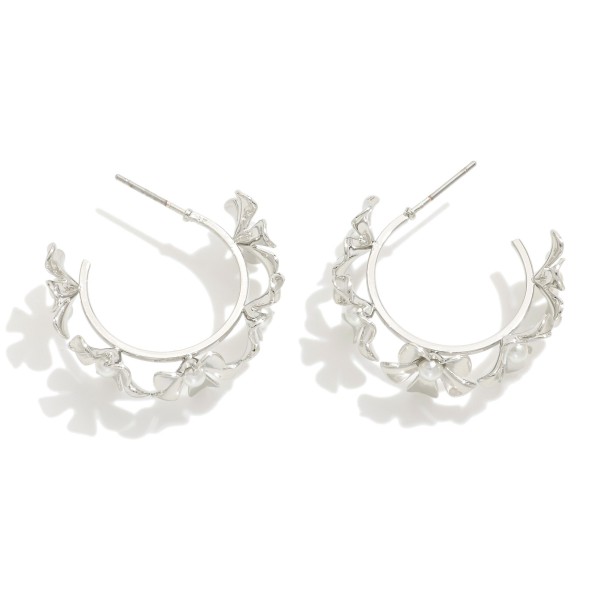 Wholesale pearl Studded Metal Flowers Hoop Earrings D
