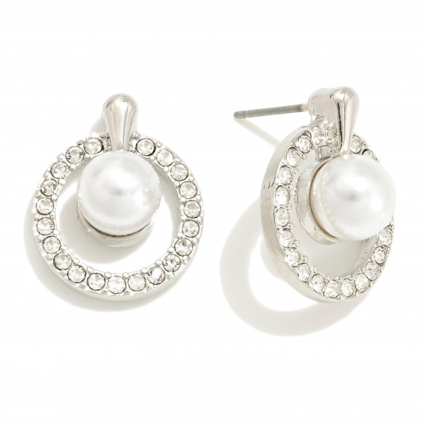 Wholesale rhinestone Studded Circle Post Drop Earrings Pearl Charms L