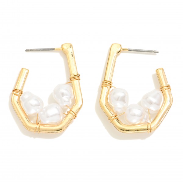 Wholesale hexagonal Metal Hoop Earrings Pearl Bead Details L