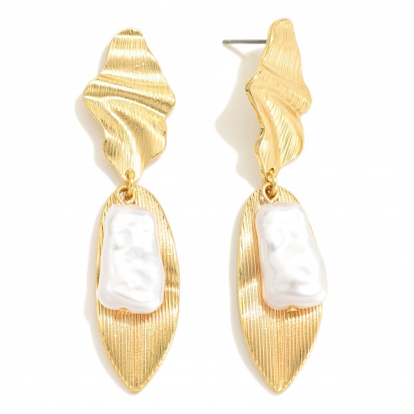 Linked Brushed Wavy Metal Leaves Drop Earrings With Pearl Charms

- Approximately 2.25" L