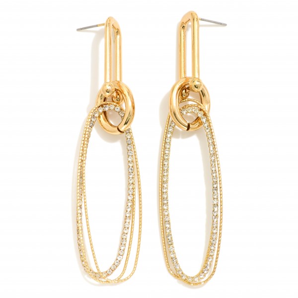 Wholesale long Linked Rhinestone Textured Metal Loop Drop Earrings U Chain Posts
