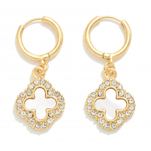 Huggie Hoop Earrings Featuring Pearlescent Clover Charms With Rhinestone Border

- Approximately 1.5" L