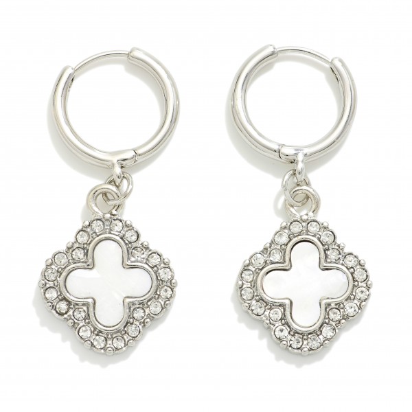 Wholesale huggie Hoop Earrings Pearlescent Clover Charms Rhinestone Border L