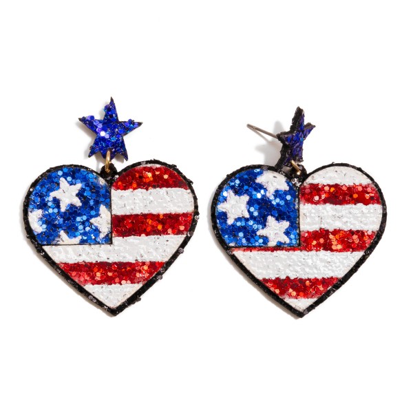 Glitter American Flag Heart Drop Earrings

- Approximately 2" L