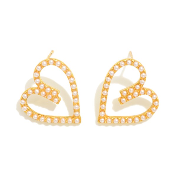 Wholesale gold Dipped Cubic Zirconia Pearl Studded Heart Oversized Stud Earrings