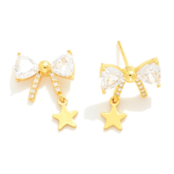 Dainty Gold Dipped Cubic Zirconia Bow Stud Earrings Featuring Star Charms

- Gold/White Gold Dipped
- Hypoallergenic Sterling Silver Post
- Made in Korea
- Approximately .5" L