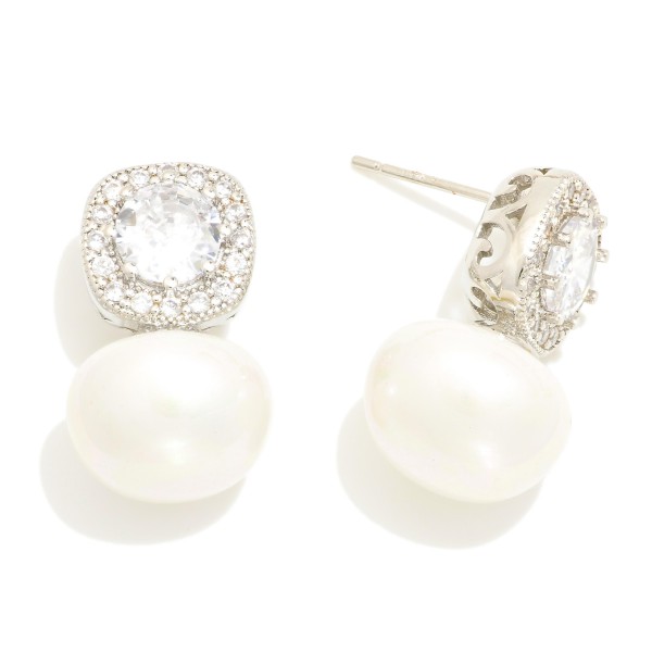 Wholesale gold Dipped Cushion Cut Cubic Zirconia Stud Earrings Pearl Charms Gold