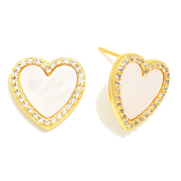 Wholesale pearlescent Gold Dipped Cubic Zirconia Studded Heart Stud Earrings Gol