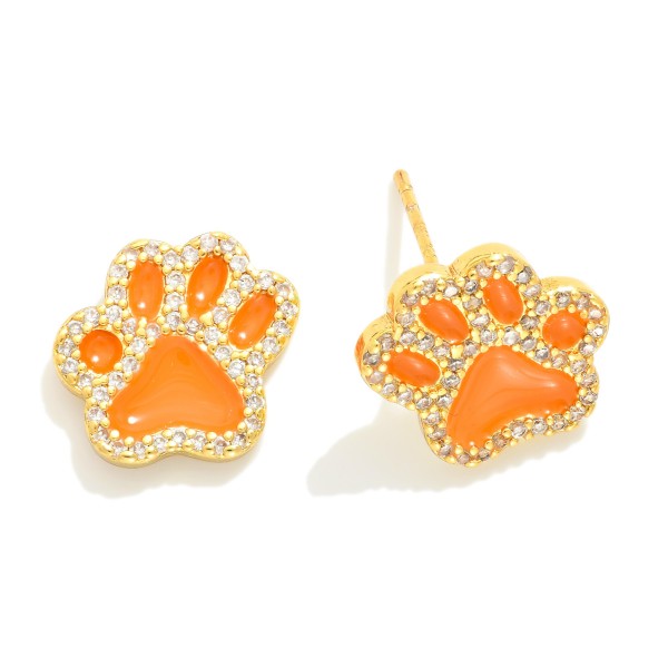 Wholesale gold Dipped Cubic Zirconia Studded Game Day Paw Print Stud Earrings Go