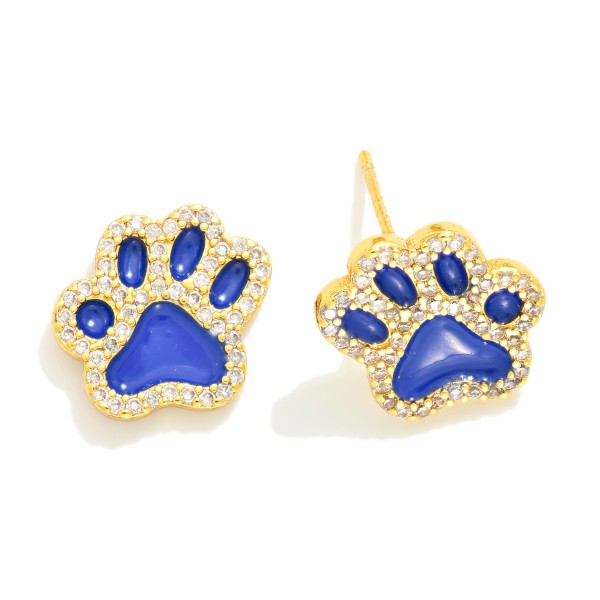 Wholesale gold Dipped Cubic Zirconia Studded Game Day Paw Print Stud Earrings Go