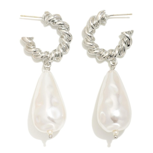 Wholesale twisted Metal Hoop Earrings Large Teardrop Pearl Charms L