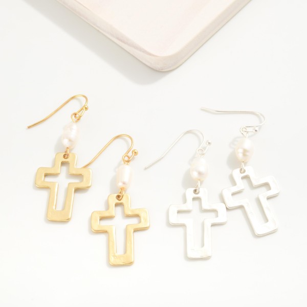Hammered Metal Cross and Pearl Drop Earrings
- Approximately 1.75" L