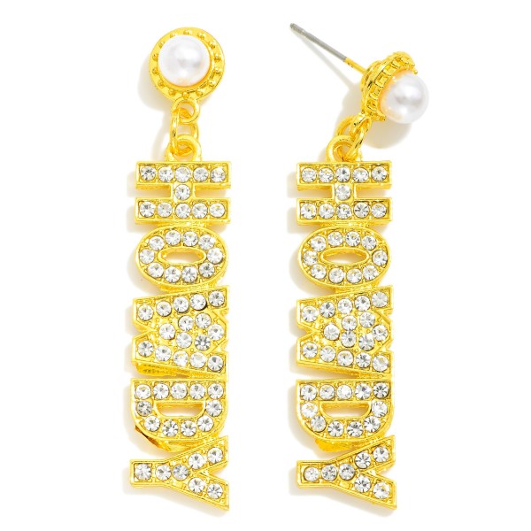 Wholesale rhinestone Studded HOWDY Drop Earrings Pearl Stud Posts L