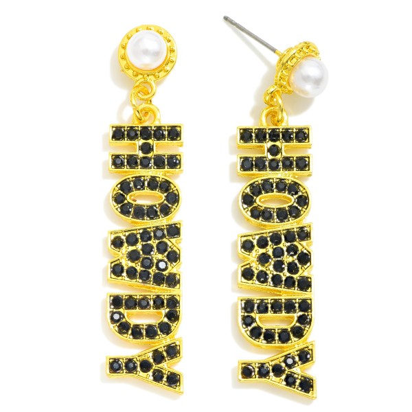 Rhinestone Studded "HOWDY" Drop Earrings With Pearl Stud Posts

- Approximately 2" L