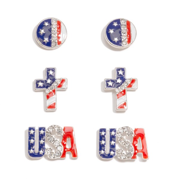 Wholesale set Three Enamel Rhinestone Americana Stud Earrings W